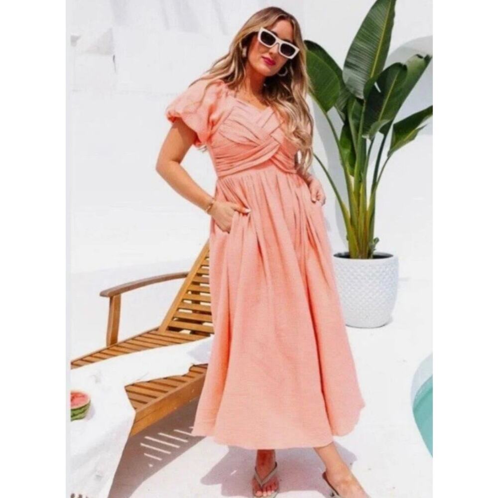 NWT Ivy City Co Sawyer Dress Peach Pink Cotton Gauze Twist Front Midi Size 14